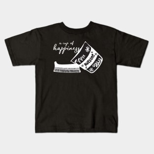 coffee cup take away with cup of happiness, doodle lino cut black and white minimal design Kids T-Shirt
